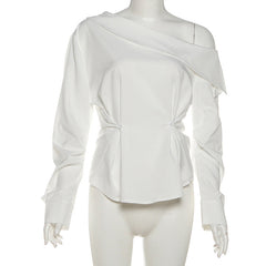 Irregular one shoulder long sleeve button top