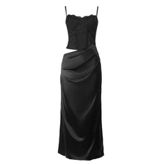 Hollow out ruched satin slit cami cut out maxi dress