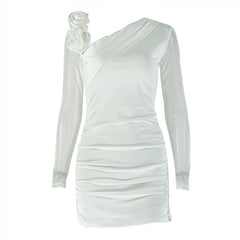 Long sleeve flower applique ruched mini dress