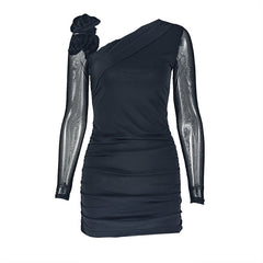 Long sleeve flower applique ruched mini dress