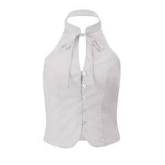 Halter smocked button backless top