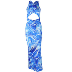 Cross back hollow out ruched print cut out maxi dress
