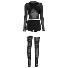 Crewneck long sleeve ruched mesh pant set