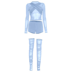 Crewneck long sleeve ruched mesh pant set