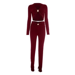 Long sleeve v neck ruched solid crop pant set