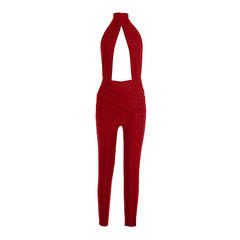 Halter hollow out ruched backless jumpsuit