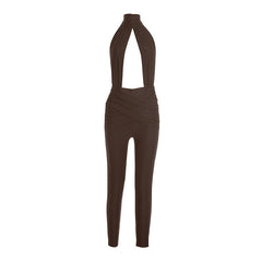 Halter hollow out ruched backless jumpsuit