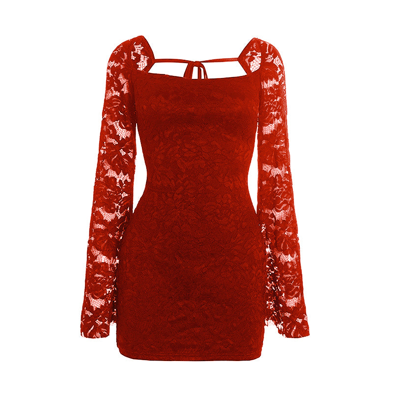 Long sleeve lace square neck self tie mini dress