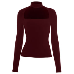 Long sleeve crewneck hollow out solid cut out top