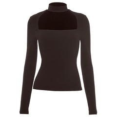 Long sleeve crewneck hollow out solid cut out top