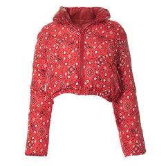 Long sleeve zip-up print turnover collar PU leather top