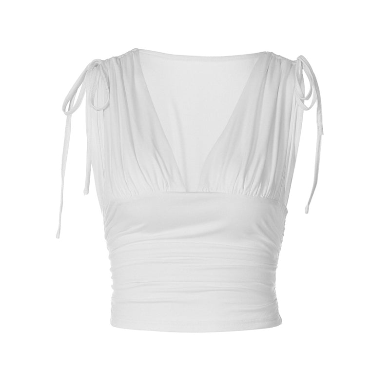 V neck ruched drawstring crop top