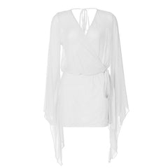 Long sleeve v neck backless mesh self tie mini dress