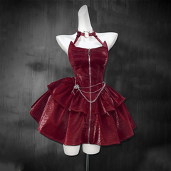 Long sleeve hoodie PU leather halter zip-up 2 piece mini dress