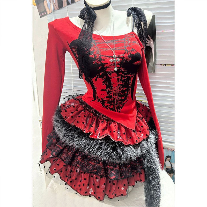 Long sleeve fluffy polka dot lace hem mini skirt set