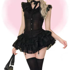 Ruffle v neck lace hem solid mini skirt set