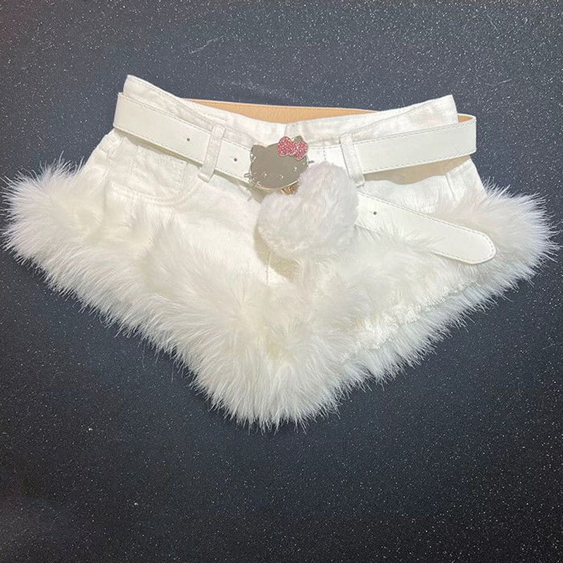 Fluffy low rise belt solid denim shorts without sweetheart applique