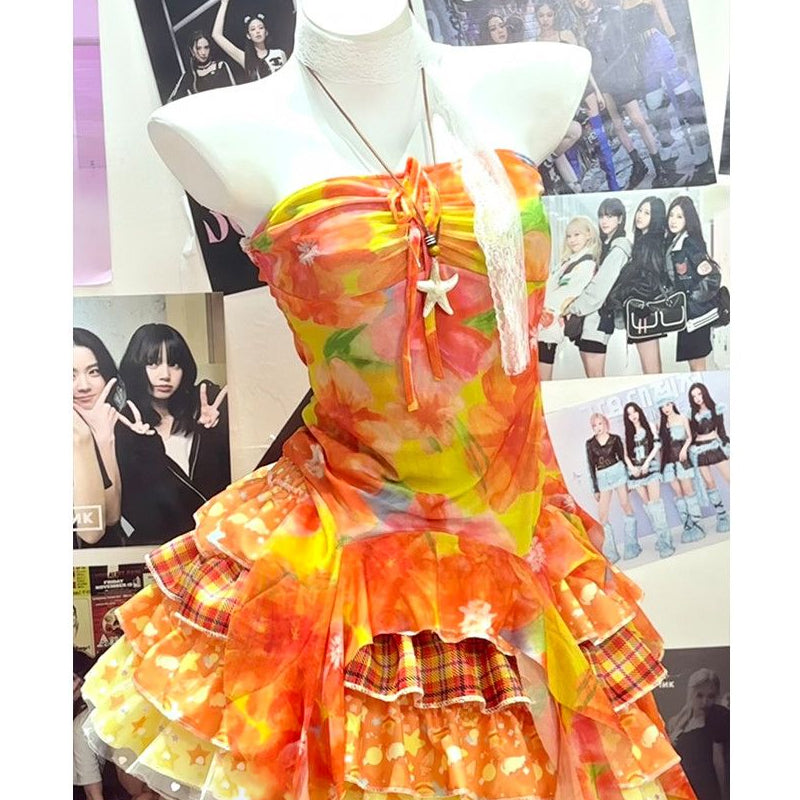 Halter contrast ruffle plaid patchwork mini skirt set