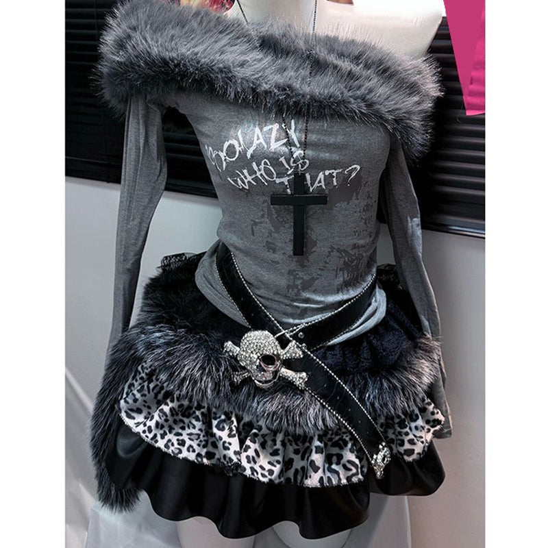 Off shoulder long sleeve fluffy letter print mini skirt set