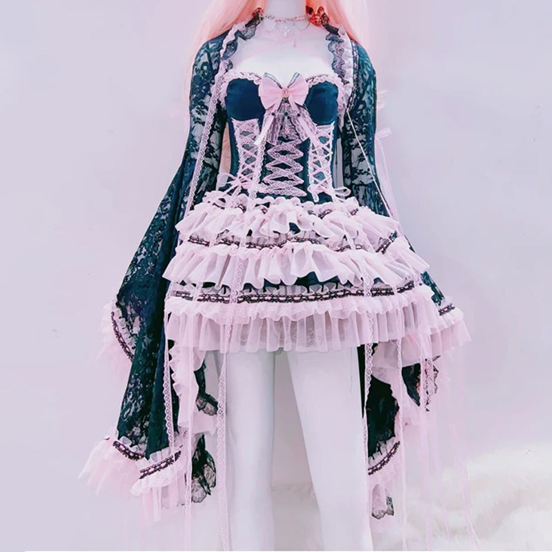 Ruffle bowknot long flared sleeve lace mini skirt set