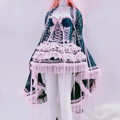 Ruffle bowknot long flared sleeve lace mini skirt set