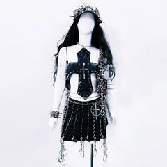 Cross applique metal chain hollow out cut out top