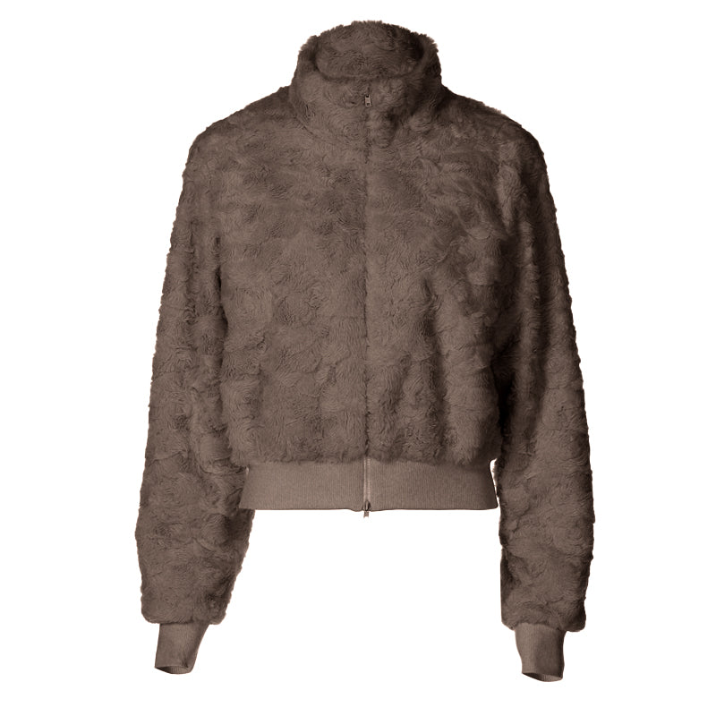 Fluffy long sleeve zip-up high neck top