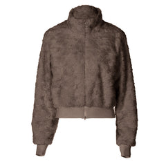 Fluffy long sleeve zip-up high neck top