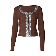 Long sleeve round neck glitter button top
