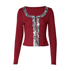 Long sleeve round neck glitter button top