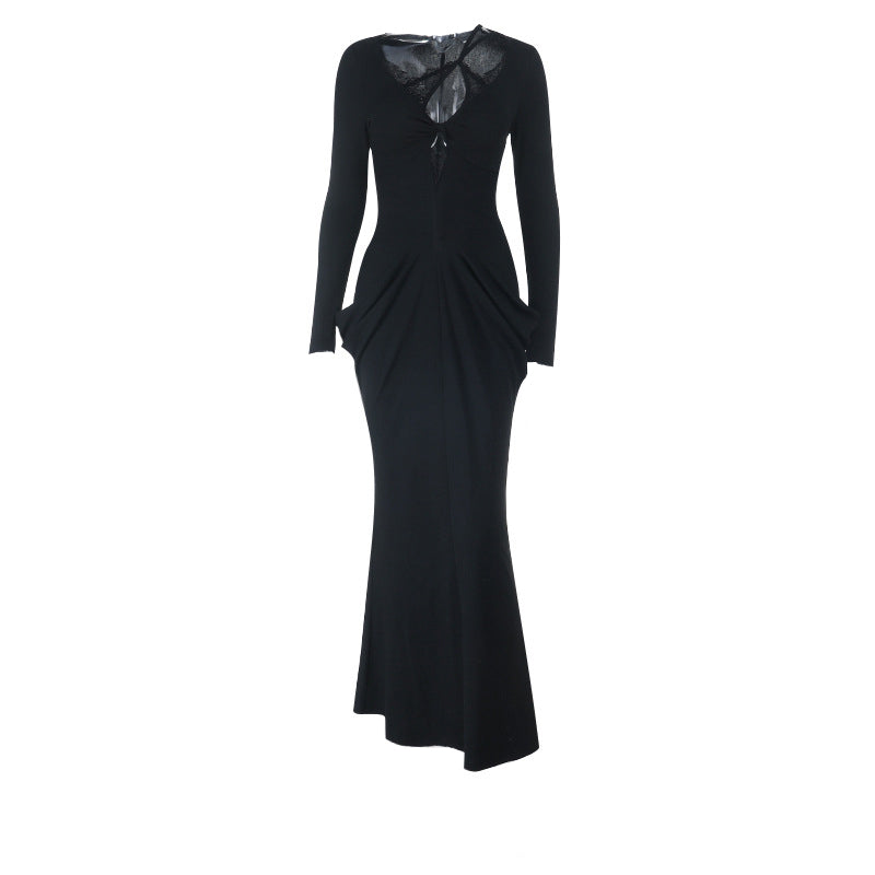 Long sleeve lace hem hollow out ruched cut out maxi dress