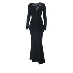 Long sleeve lace hem hollow out ruched cut out maxi dress