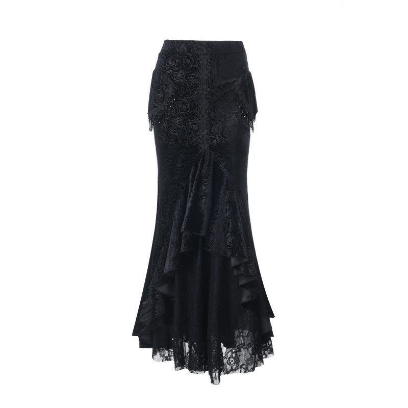 Velvet lace hem tassels maxi skirt