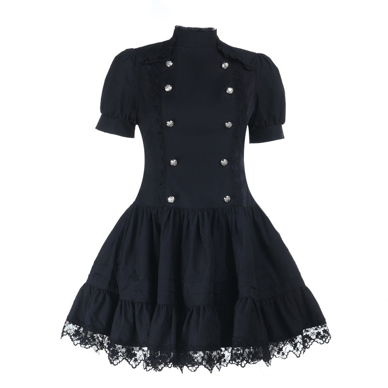 Puff sleeve high neck lace hem mini dress