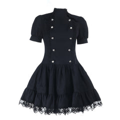 Puff sleeve high neck lace hem mini dress