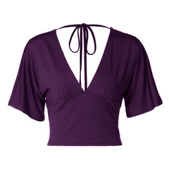 Short sleeve v neck self tie backless top