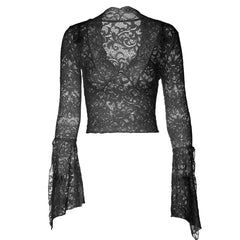 Long flared sleeve lace v neck see through top