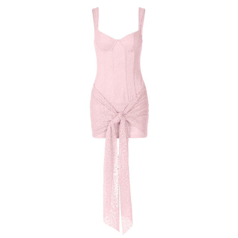 Self tie lace v neck zip-up cami mini dress
