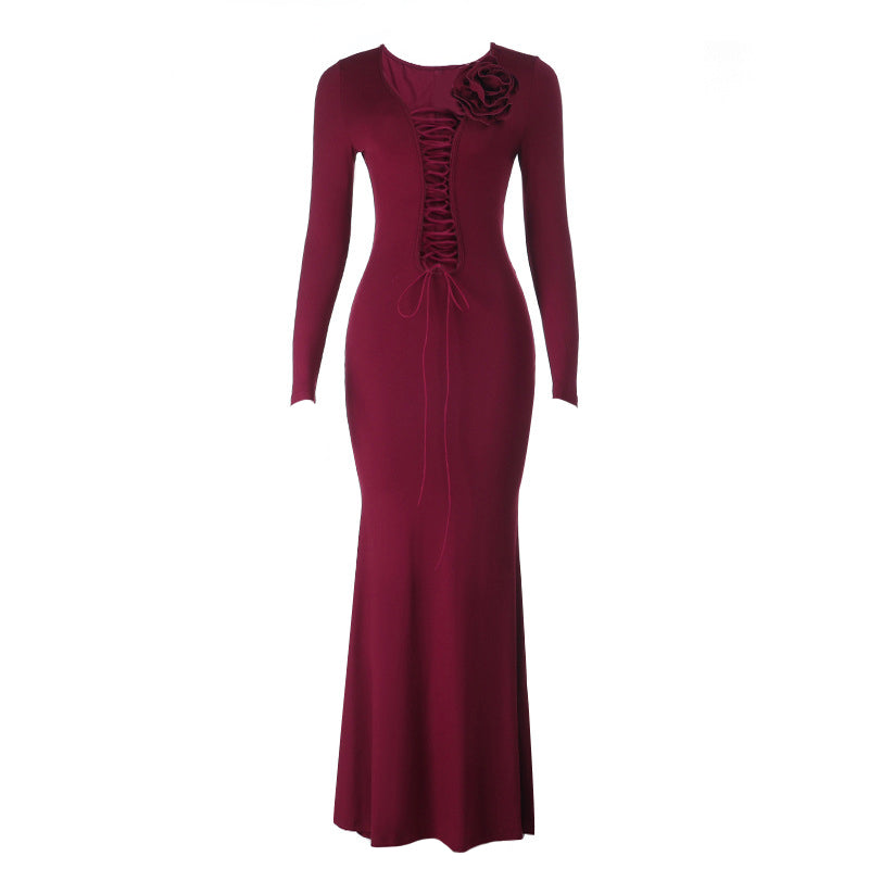 Long sleeve flower applique self tie solid maxi dress