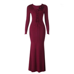 Long sleeve flower applique self tie solid maxi dress