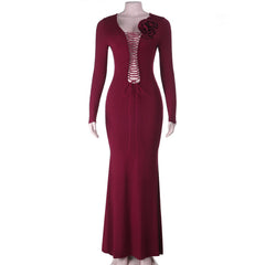 Long sleeve flower applique self tie solid maxi dress