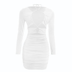 Ruched long sleeve hollow out self tie cut out mini dress