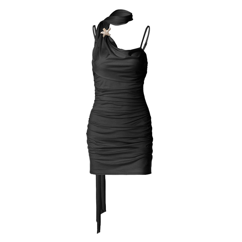 Ruched cowl neck backless cami mini dress