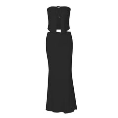 Self tie backless solid tube maxi skirt set