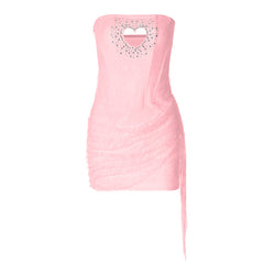 Hollow out beaded lace irregular tube cut out mini dress