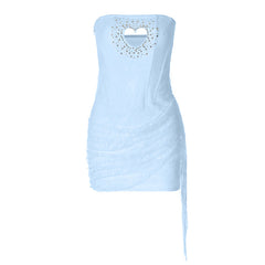 Hollow out beaded lace irregular tube cut out mini dress