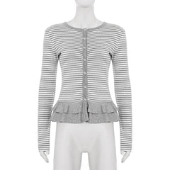 Crewneck button long sleeve ruffle striped top