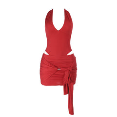 Self tie halter v neck ruched backless mini skirt set