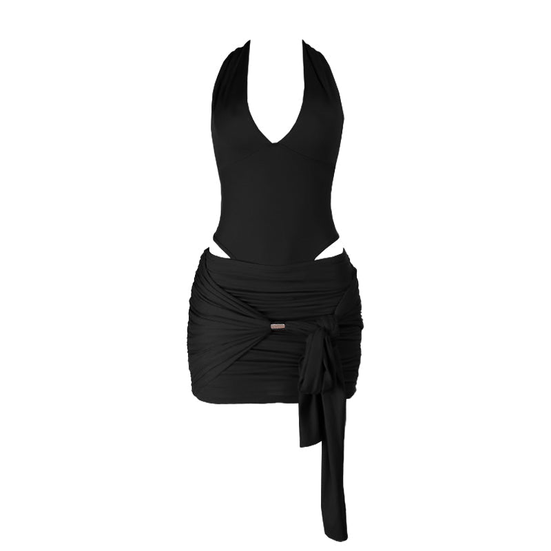 Self tie halter v neck ruched backless mini skirt set