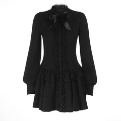 Bowknot long sleeve ruffle solid mini dress
